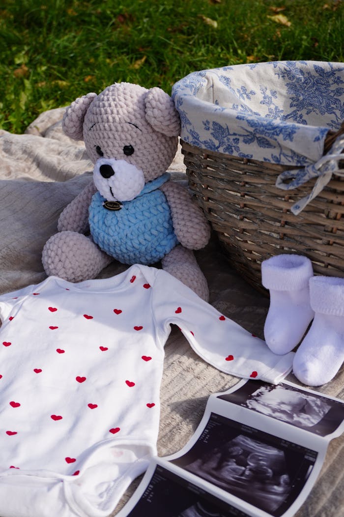 Baby items with teddy bear and ultrasound for pregnancy announcement outdoors.